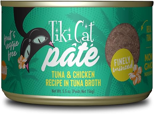 Tiki Cat Luau Pate, receta de atún y pollo Ahi en condimento de pollo, nutrición equilibrada sin granos, comida enlatada húmeda para gatos, para
