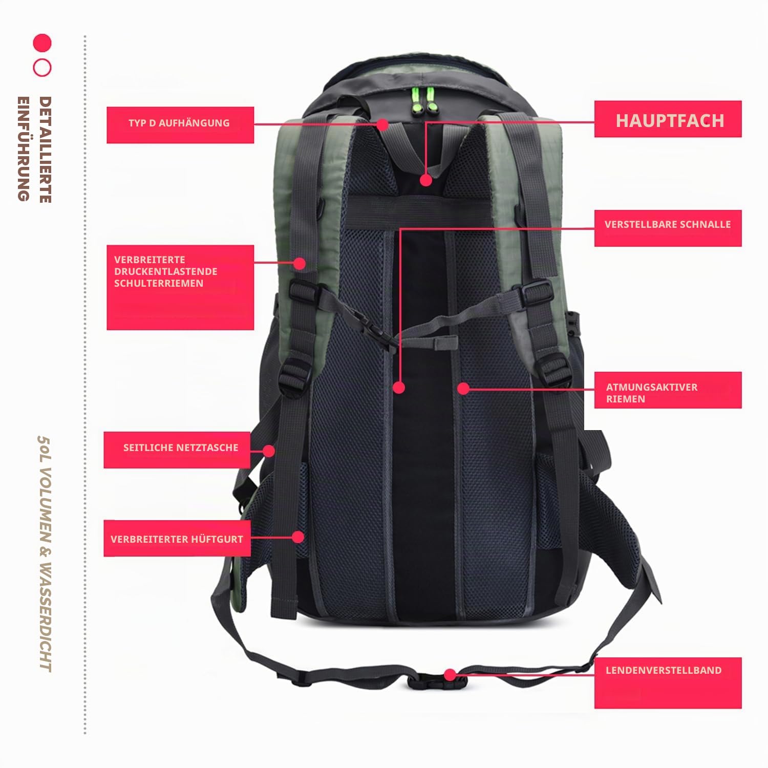 Bseash 50L Leichter wasserfester Wanderrucksack, Outdoor Sport Tagesrucksack Multifunktions Reisetasche für Klettern Camping Reisen (Armeegrün – mit Schuhfach)