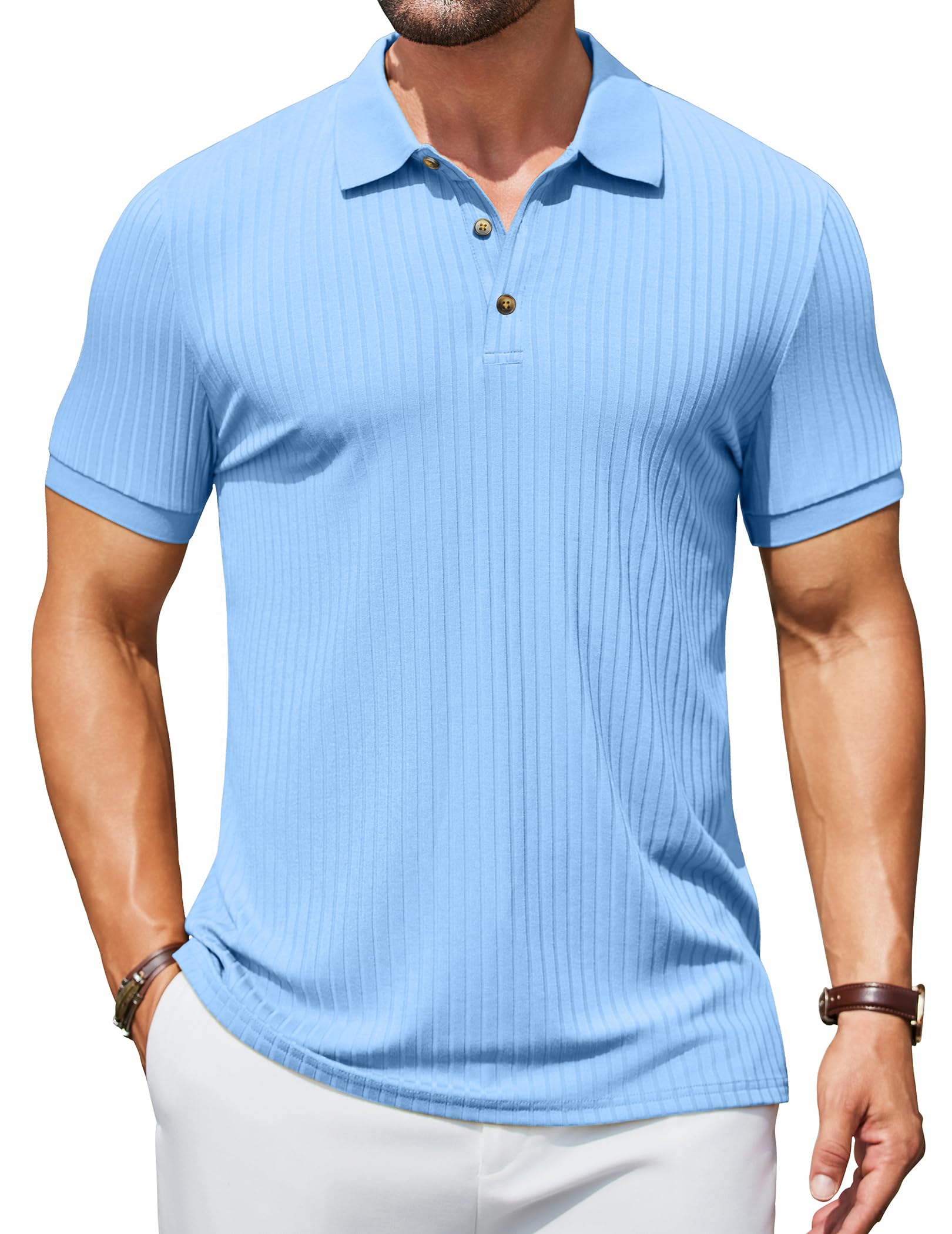 COOFANDY Polo texturé à manches courtes pour homme, coupe ajustée, style décontracté, avec boutons, col d'été, chemise de golf