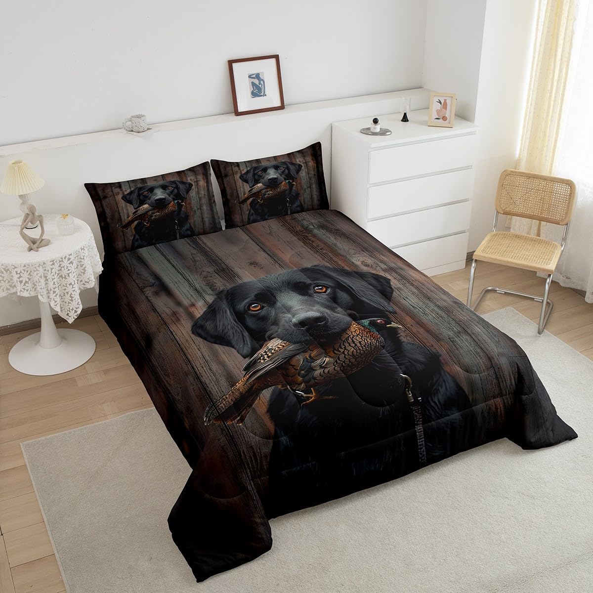Feelyou Duck Hunting Bedding Set Toddler Size Black Dog Mallard Duck Hunting Comforter Set for Kids Farmhouse Wood Comforter Women Men Home Decor Duvet Set,1 Comforter+ 1 Pillow Sham