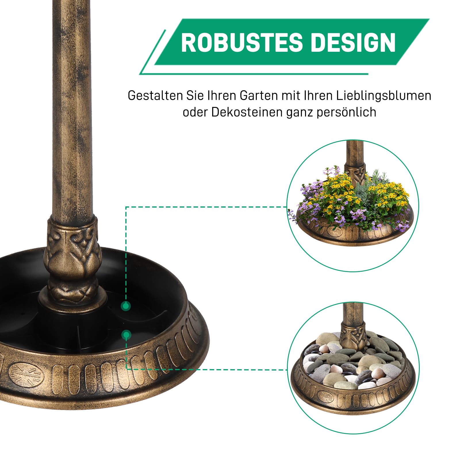 LEADZM Vogeltränke Stehend - Vogeltränke aus Starkes PP-Material, Vogelbad mit Solarleuchte, Blumenkübel & befüllbarem Ständer - Futterstation für Draußen Garten und Terrasse, 51 x 51 x 106 cm, Bronze