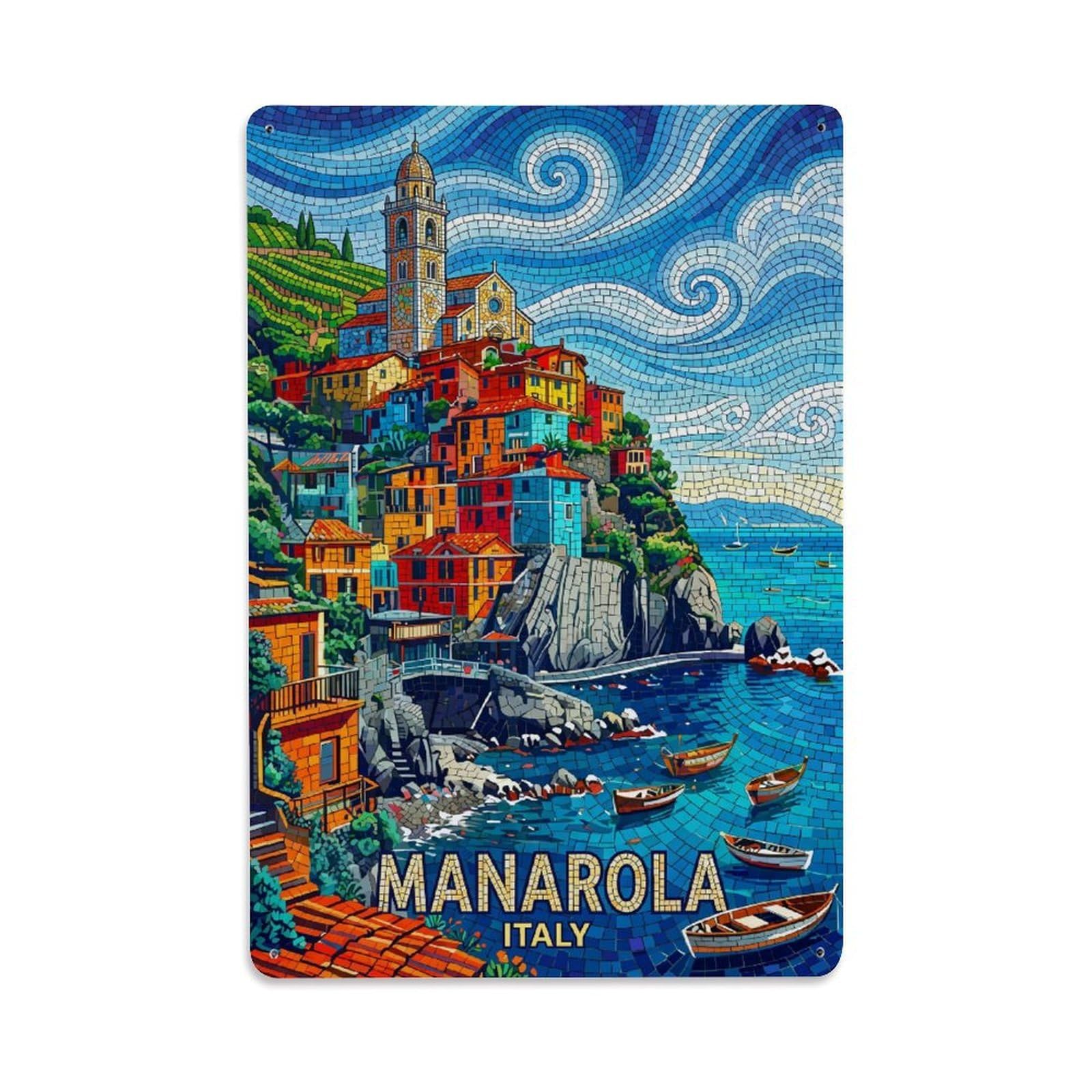 Huiyhb 8X12inch(20X30cm) Vintage Travel Manarola Italy Mosaic Metal Tin Sign