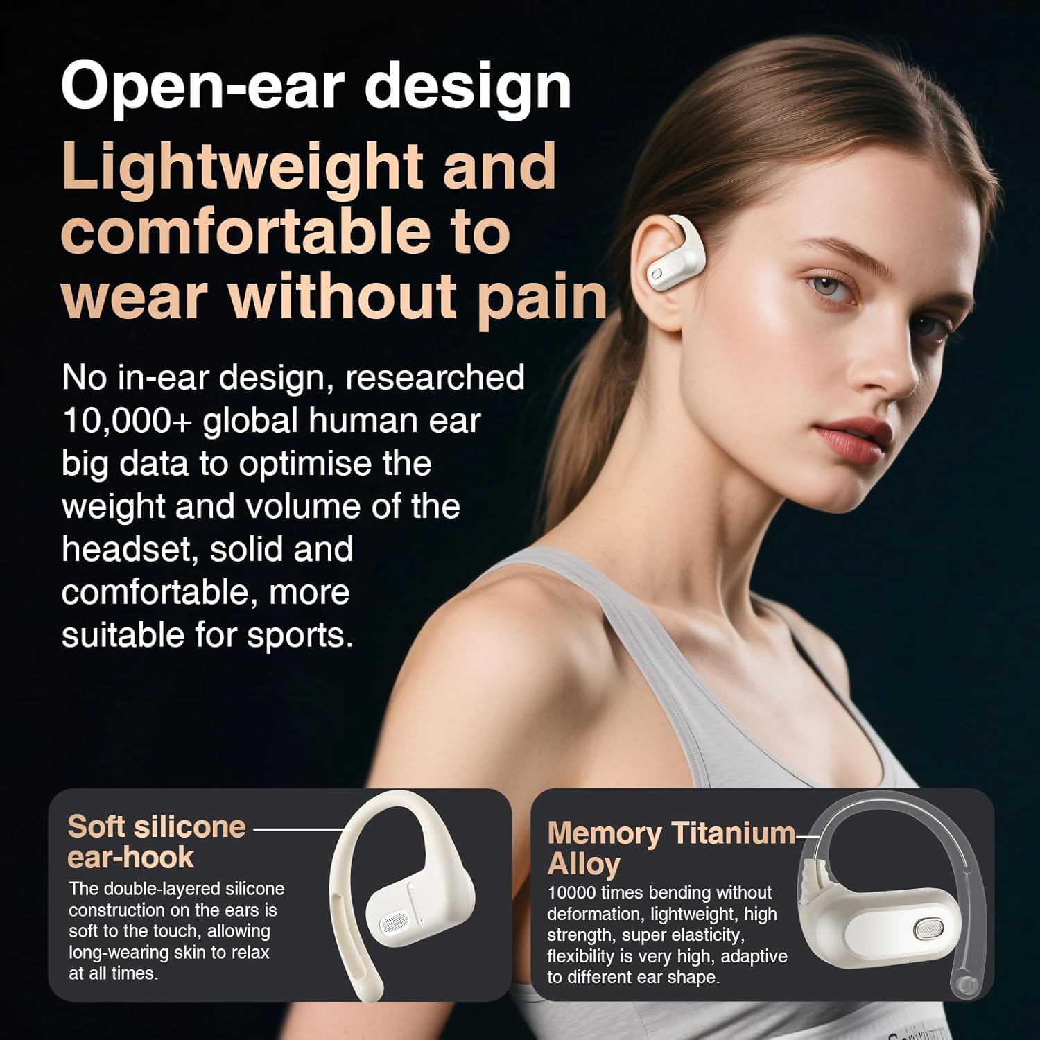 Open Ear Headphones,Silicone Ear Hanger,360-Degree Panoramic Sound,Air Conduction, LED Display,IPX7 Waterproof, Wireless Earbuds for Meeting, Driving,Traveling (Black)