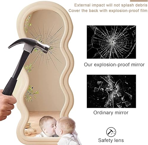 Miniatura 3 de QQXX Espejo ondulado irregular de longitud completa, espejo con marco de madera envuelto en franela, para colgar en la pared, para colgar o apoyarse