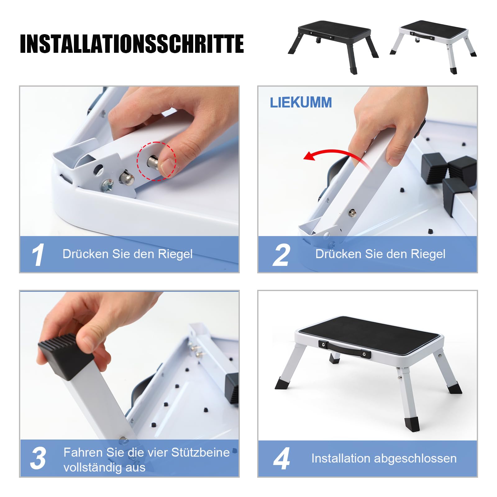 Sgabello Pieghevole LIEKUMM - 3 Altezze Regolabili, Portata 150 Kg, Bianco, Per Casa E Campeggio