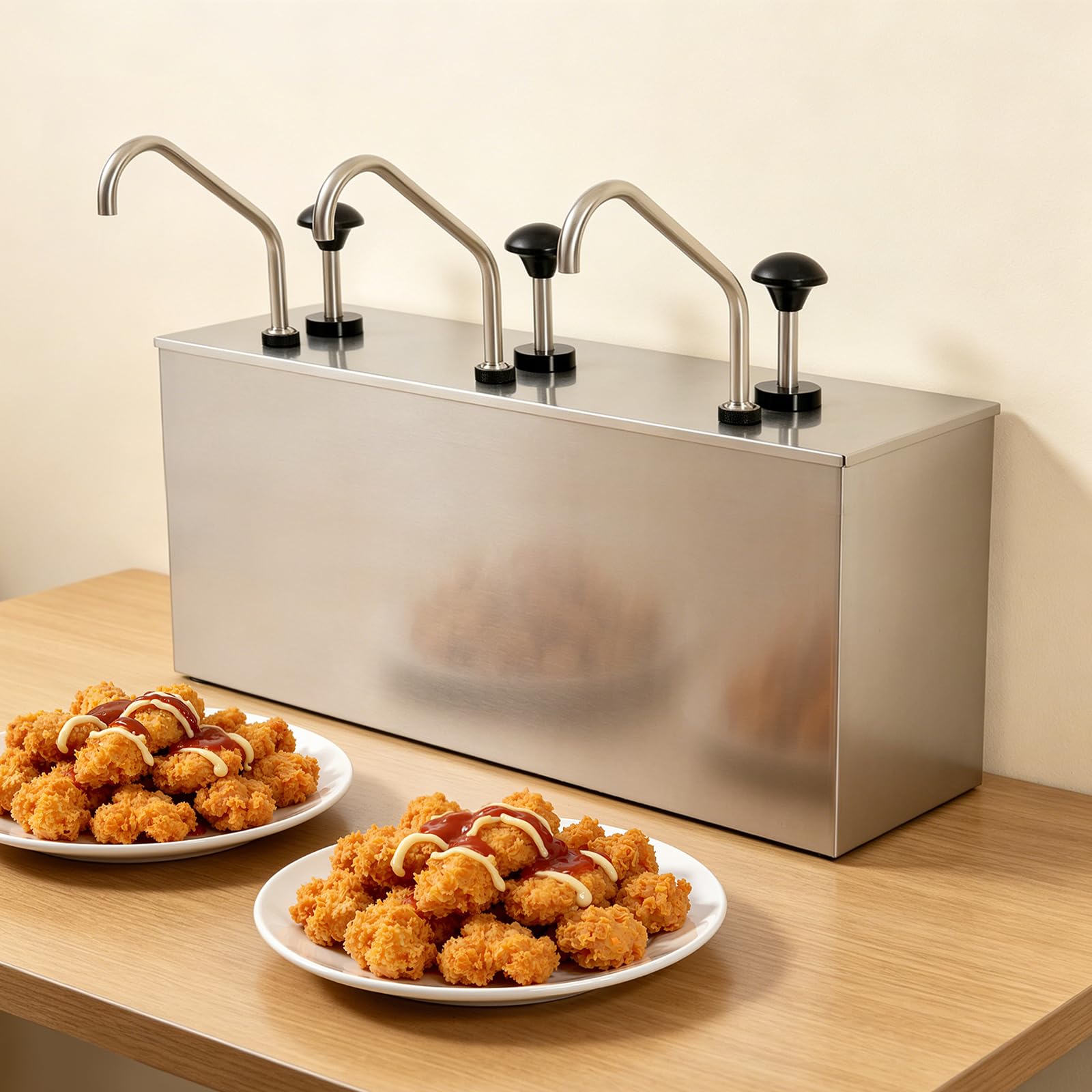 Dispensador de salsa de acero inoxidable de 4 L x 3 cabezales, dispensador de salsas, dispensador de salsas, dispensador de salsas, equipo de bufé, dispensador de especias para buffet,