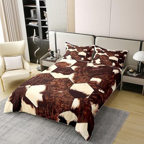 Miniatura 3 de Erosebridal Juego de funda de edredón 100% algodón con estampado de vaca para niños, color marrón, piel de vaca de las tierras altas, juego de ropa