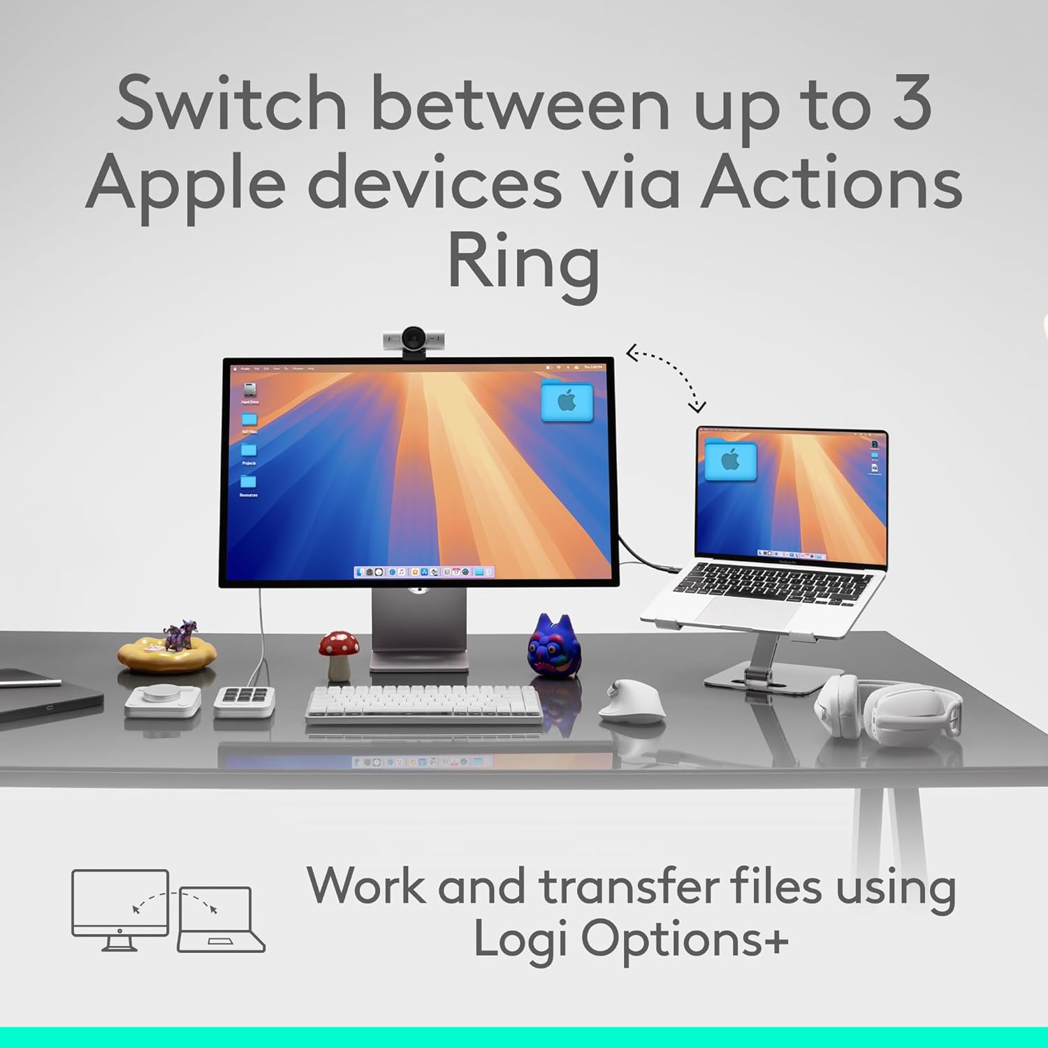Diagram illustrating switching between multiple Apple devices with the Logitech MX Master 4 for Mac mouse