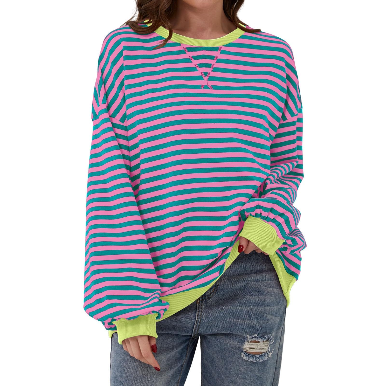 HUIFUAO Bluza damska w paski, kolorowa, pulower, casualowa, z okrągłym dekoltem, długim rękawem, oversize’owa