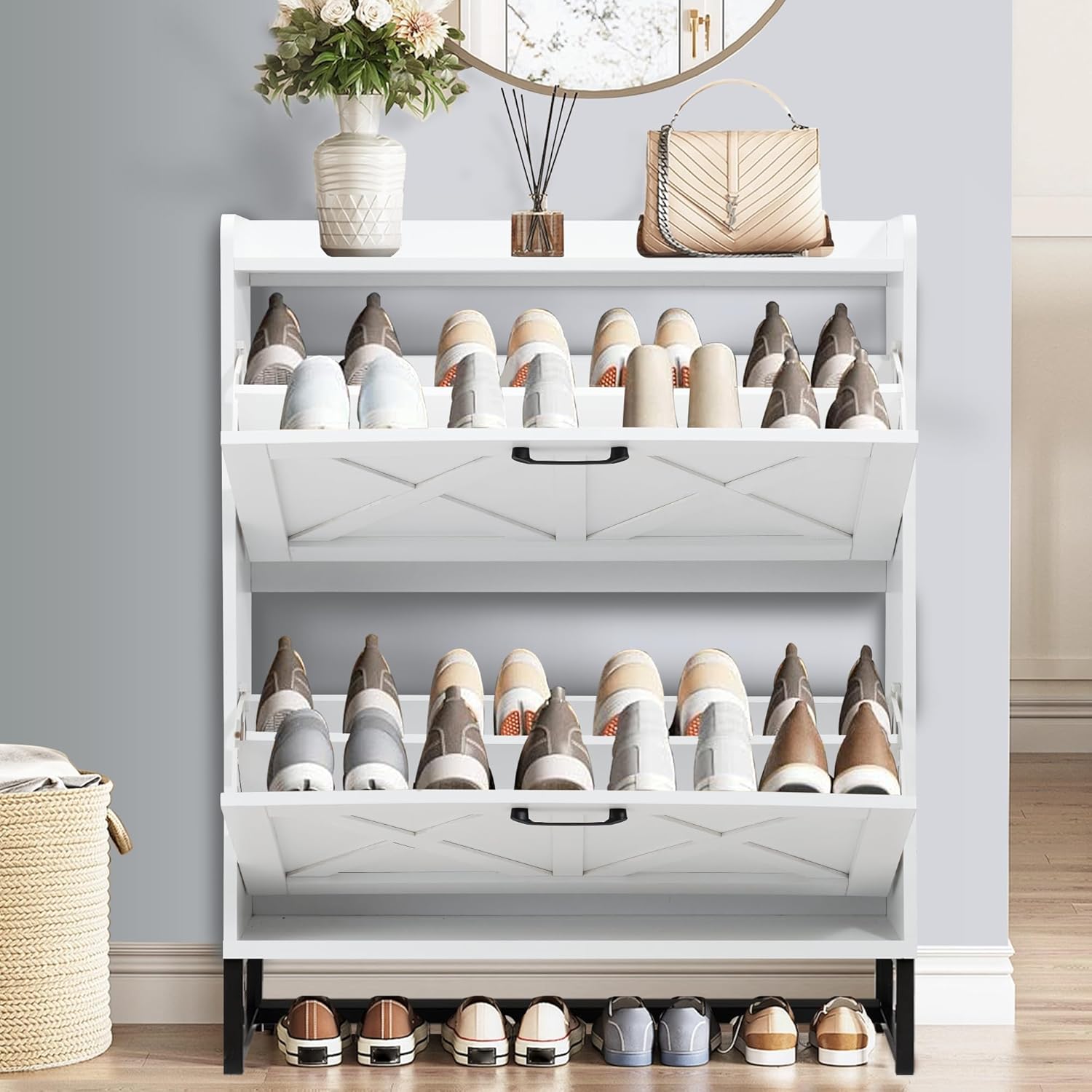 Shoe Cabinet with 2 Flip Drawers Farmhouse Freestanding Shoe Storage Cabinet for Entryway, Hidden Shoes Rack Cabinets for Entryway with Metal Legs, White
