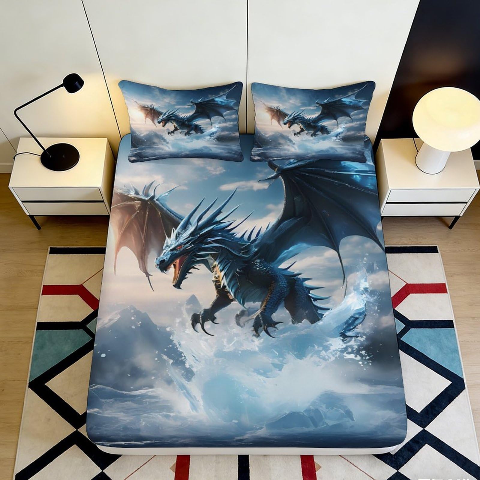 Jqzkxnhpbr Style-4 3D Printed Blue Dragon Fitted Sheet Microfiber Fantasy Sky Mattress Cover Anti-Slip Machine Washable For Bedroom Dorm Decorative 90X200x25cm