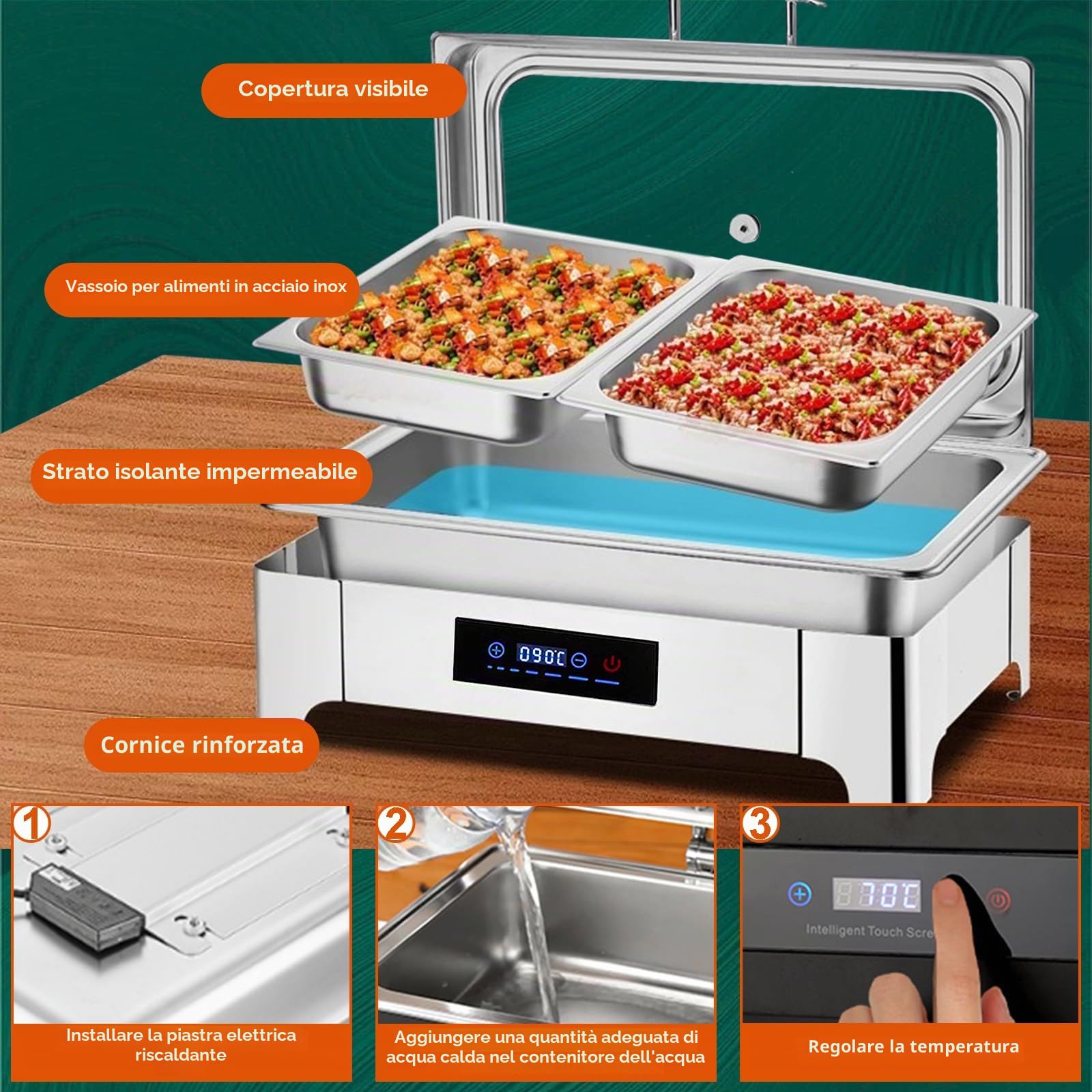 Chafing Dish Elettrico 9L, 35-85 ℃ Temperatura Regolabile(B,1/3 Pan) | 400W Professionale Scaldavivande Elettrico per Buffet, Acciaio Inox Contenitore Scalda Cibo per Hotel, Buffet, Ristoranti