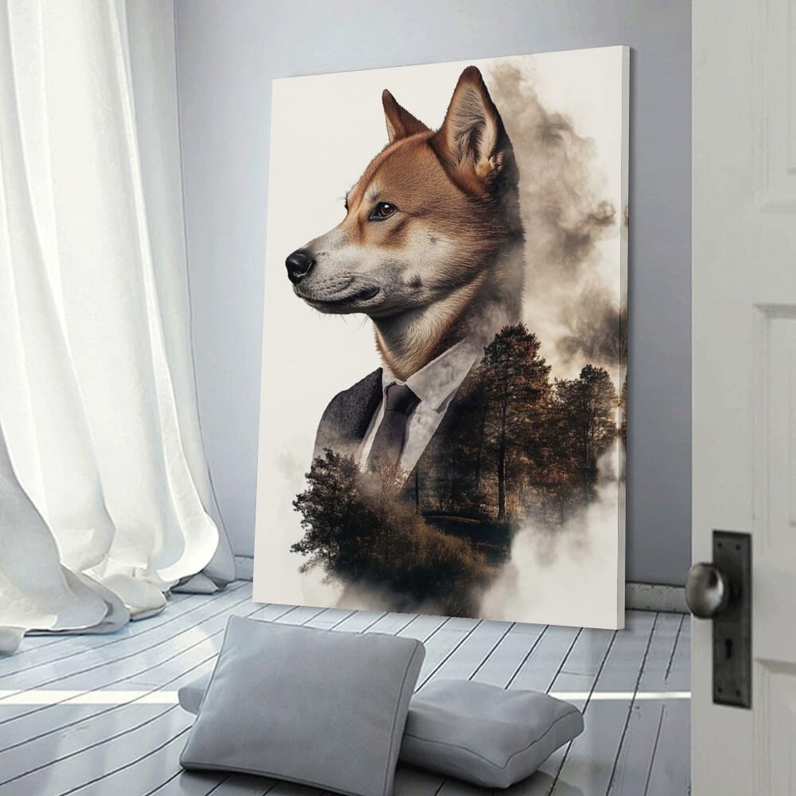 Junmoney Canvas Wall Art Dog in Suit with Forest Background, 24x36inch(60x90cm), for Living Room, Lounge Or Sitting Room, Canvas Styling for A Polished Room Look