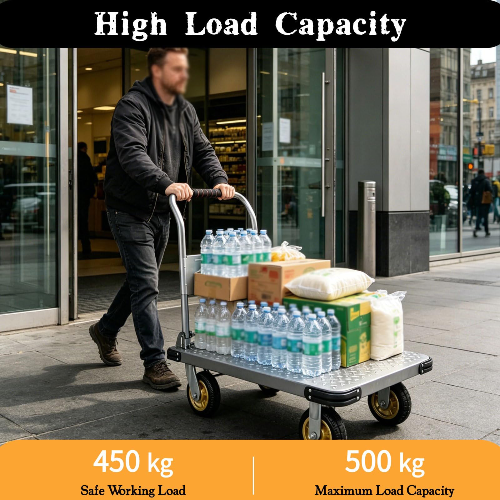 Składany Wózek Z Platformą 500kg, 90x60 cm Wytrzymały Wózek Ręczny Z 12 cm Gładkimi Kółkami I Linkami Bungee, Wózek Z Platformą Do Przenoszenia W Garażu, Magazynie, Kompaktowy Schowek, Srebrny