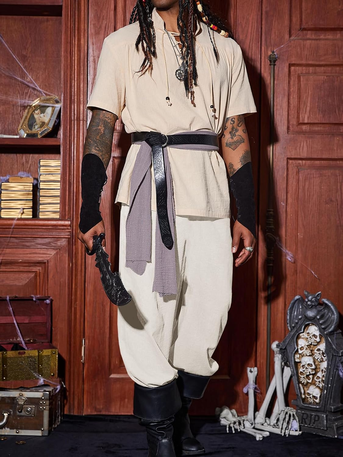 Runcati Mens Banded Ankle Pants Medieval Renaissance Viking Pirate Lace Up Halloween Cotton Gothic Costume Trousers - Image 4