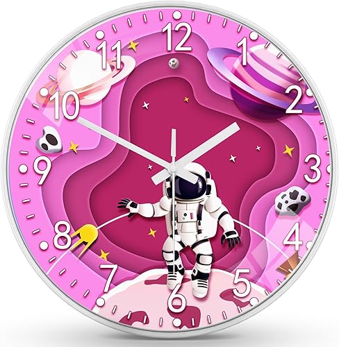 QINYUNE Reloj de pared para niños, con temática de viajes espaciales, reloj de pared analógico silencioso sin tictac, decoración de pared perfecta