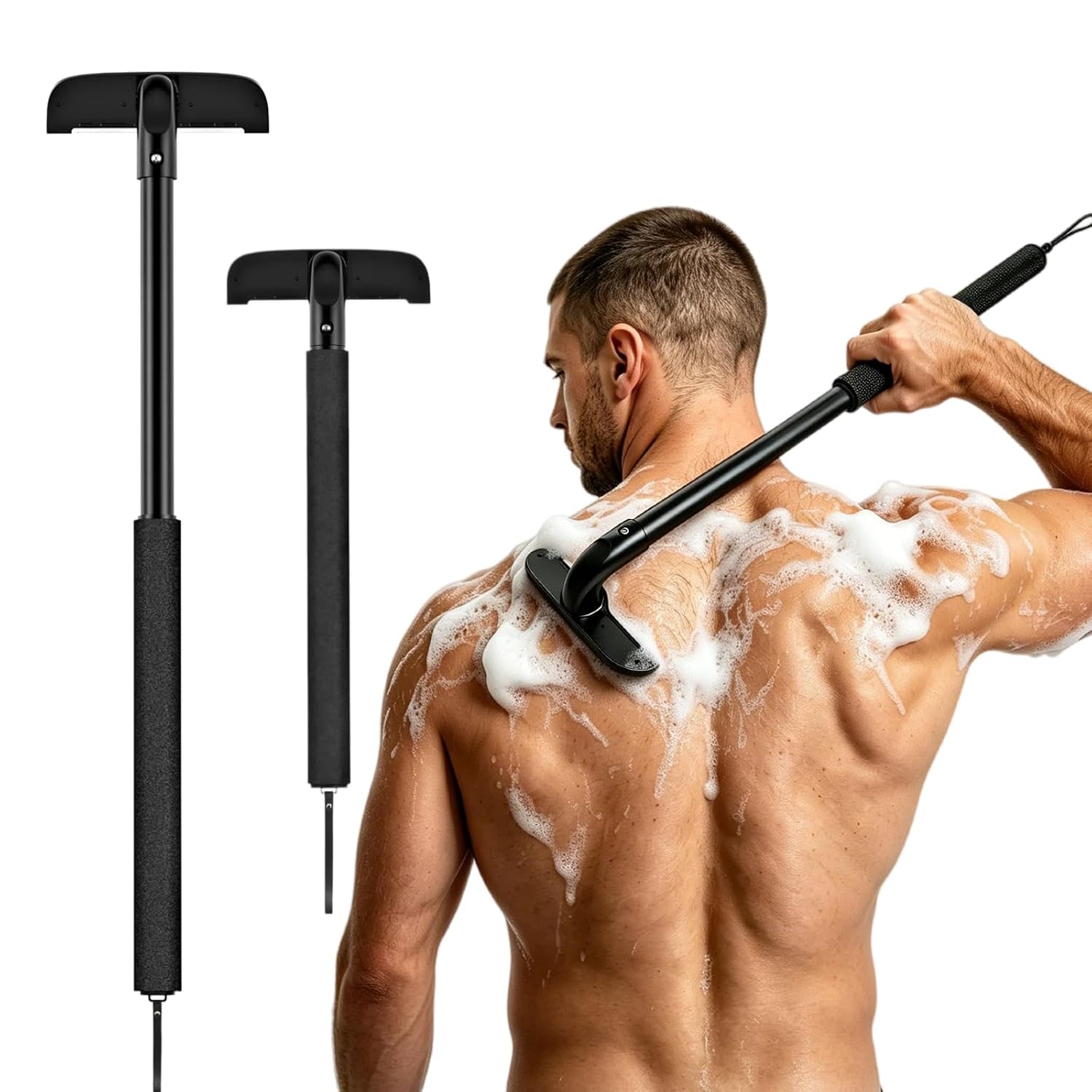 VEYLA Nick-Free Back Shaver for Men, 17.7" Extendable Aluminum Alloy Long Handle, 4.9" Wide Replaceable Blade, Safe for Sensitive Skin, Wet or Dry Use DIY Full Body Hair Remover（1 Pack Matte Black）