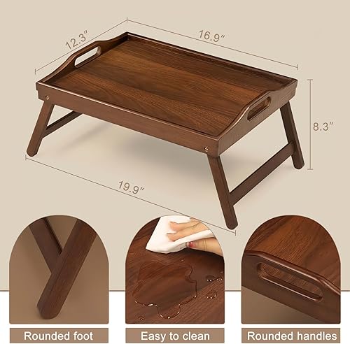 Miniatura 7 de Paquete de 2 bandejas de cama para mesa de desayuno, bandejas para servir, bandeja de bambú para camalaptop con patas plegables, asas y soportes