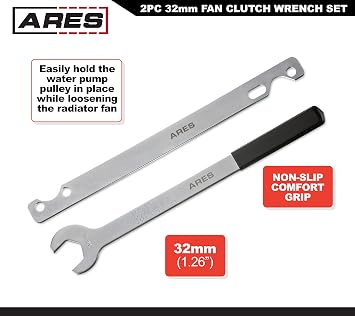 ARES 70074-2-Piece Fan Clutch Wrench Set - 32mm Fan Clutch Nut Wrench - Water Pump Holder Removal Tool Kit