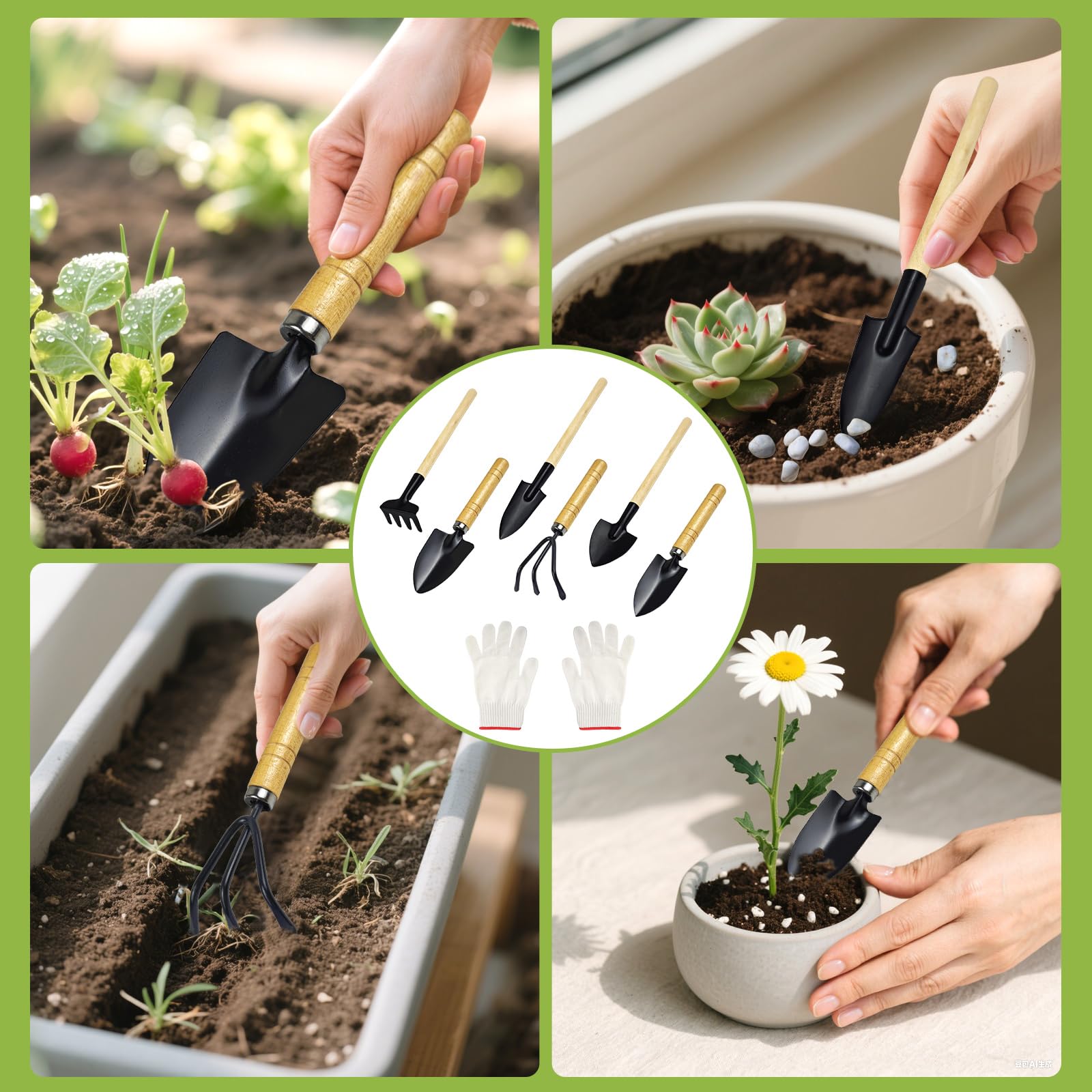 zestaw narzędzi ogrodowych 6-częściowy mini | łopatka ogrodowa, grabki i szpadel z drewnianym uchwytem | Dla bonsai, kwiatów doniczkowych, przesadzania | Ręczne narzędzia ogrodnicze premium