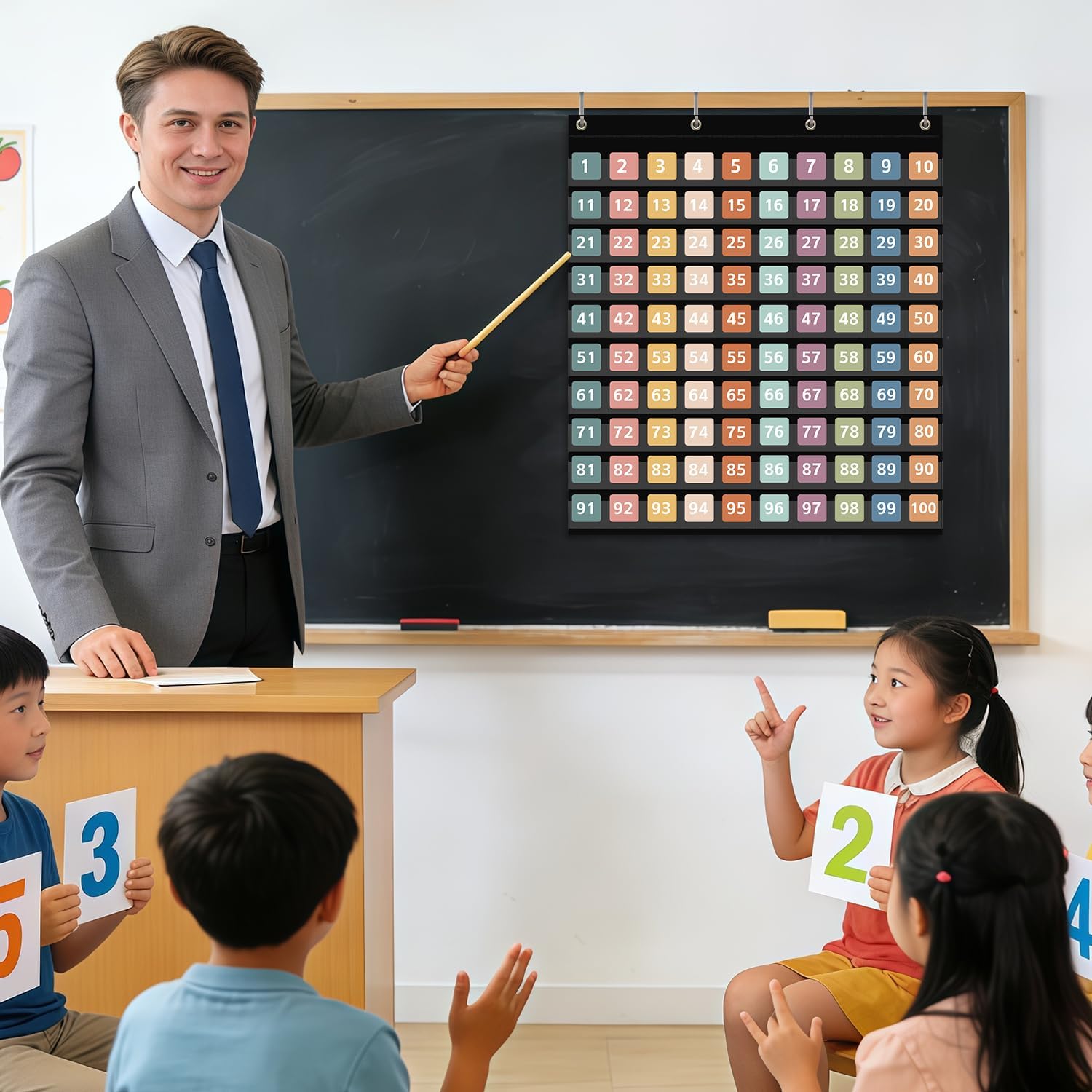 Hundred Pocket Chart with 100 Pockets and 150 Pieces Boho Double-Sided Number Cards,Number 1-100 Pocket Chart for Students Classroom Home Counting and Organizer (Black-100 Pockets) - Image 6