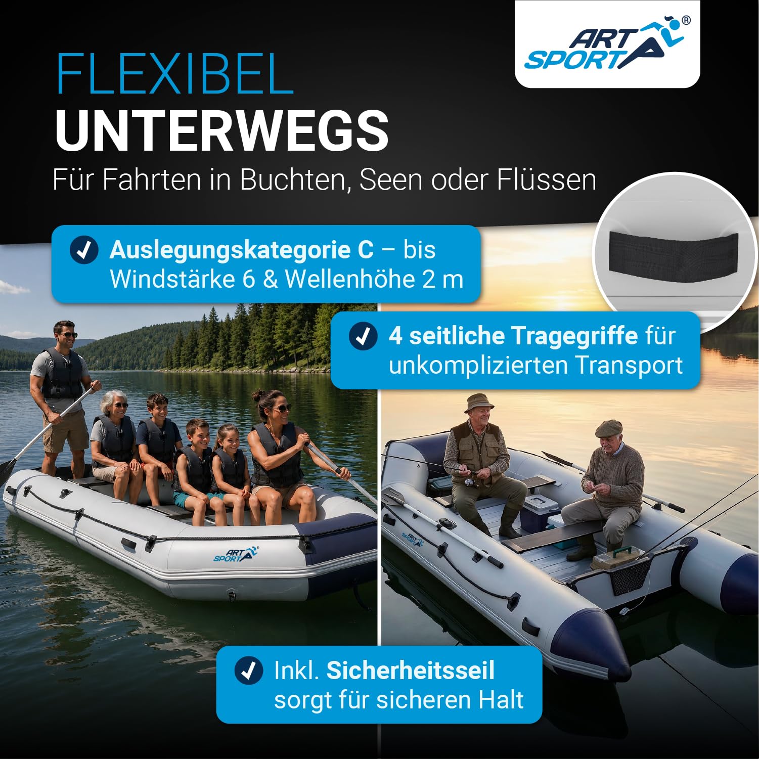 ArtSport Schlauchboot 3,80 m für 6 Personen mit 2 Sitzbänke & Aluboden - Paddelboot mit Paddel, Pumpe, Tasche & Reparaturset - Angelboot aufblasbar