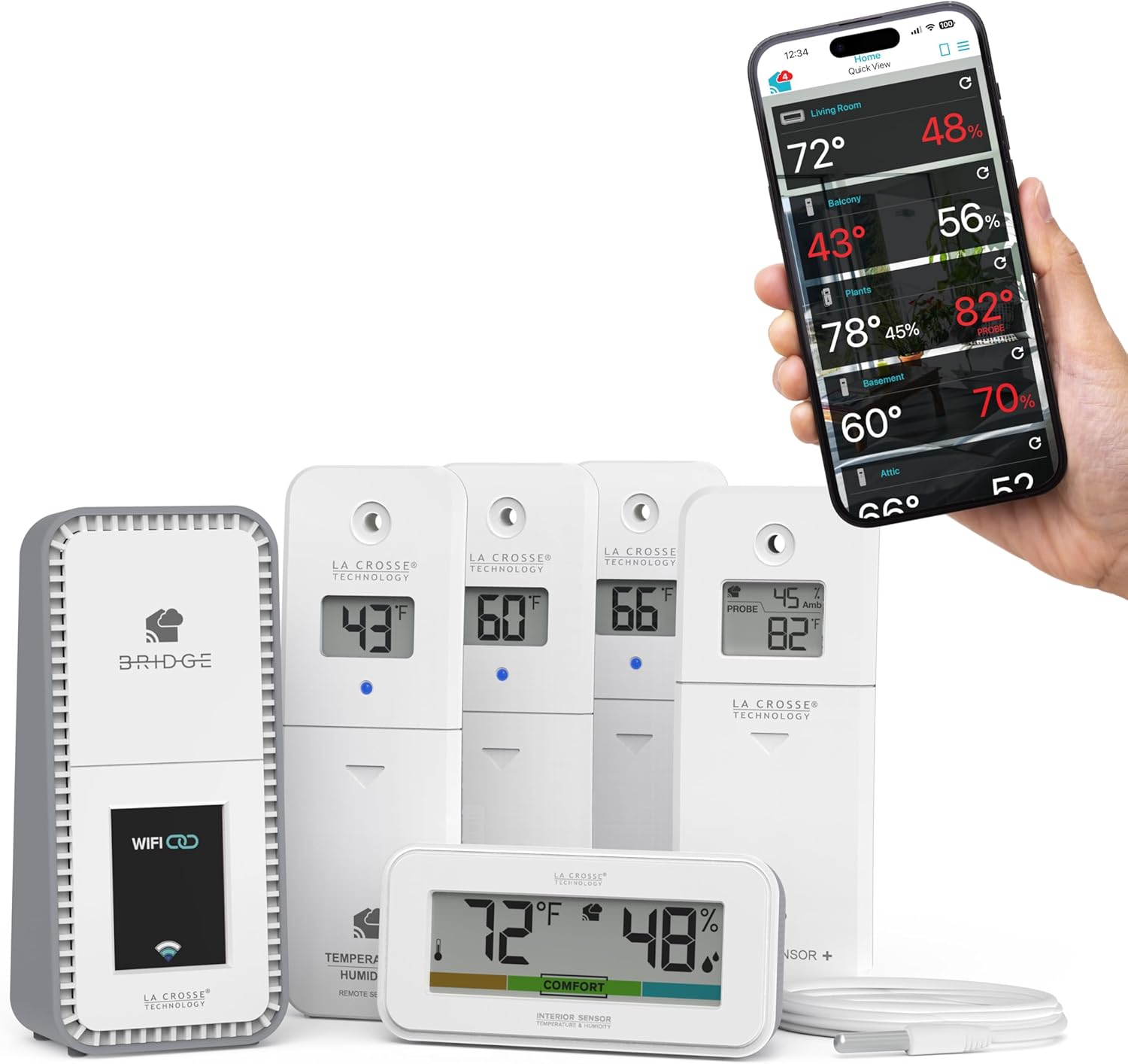 Temp Tracker Pro Wi-Fi Alert System: Bridge Gateway, 3 in/Out Temp. and Humidity, a Temperature Probe with Ambient Temp. and Humidity, Interior Temp. and Humidity Display with Comfort Meter