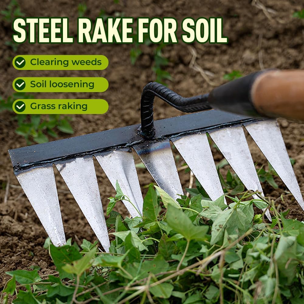 Iron Weeding Rake 2.0, 2026 New Detachable Gardening Hand Weeder Tool Teeth Carbon Steel Garden Weeder Rakes, Heavy-Duty Weed Puller Tool for Yard Lawn Farm Gardening Weed Claw Remover Tool (7 Teeth)