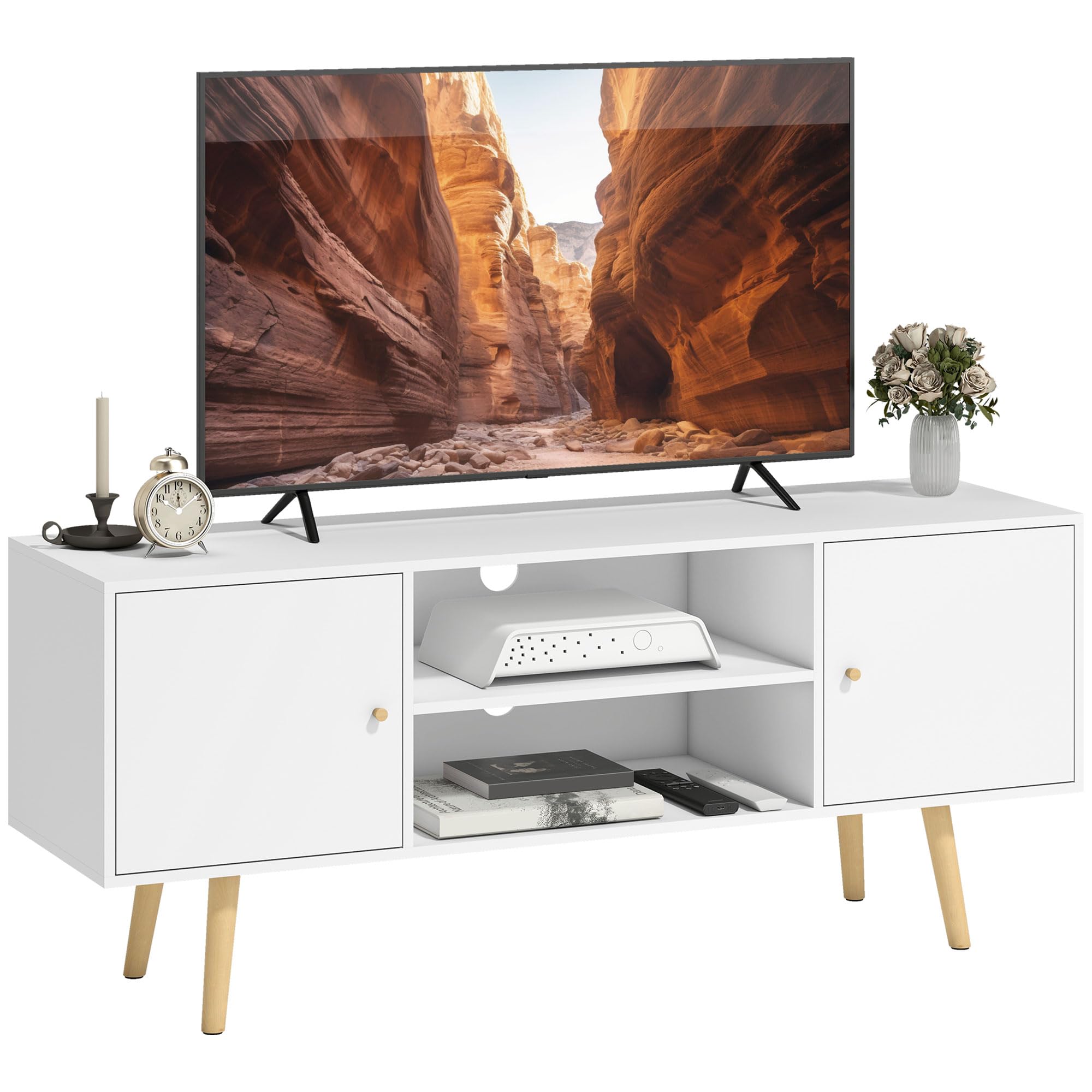 Rackhams White Tv Unit Cabinet For Tvs Up To 55 Inches W/ Shelves And Cupboards,