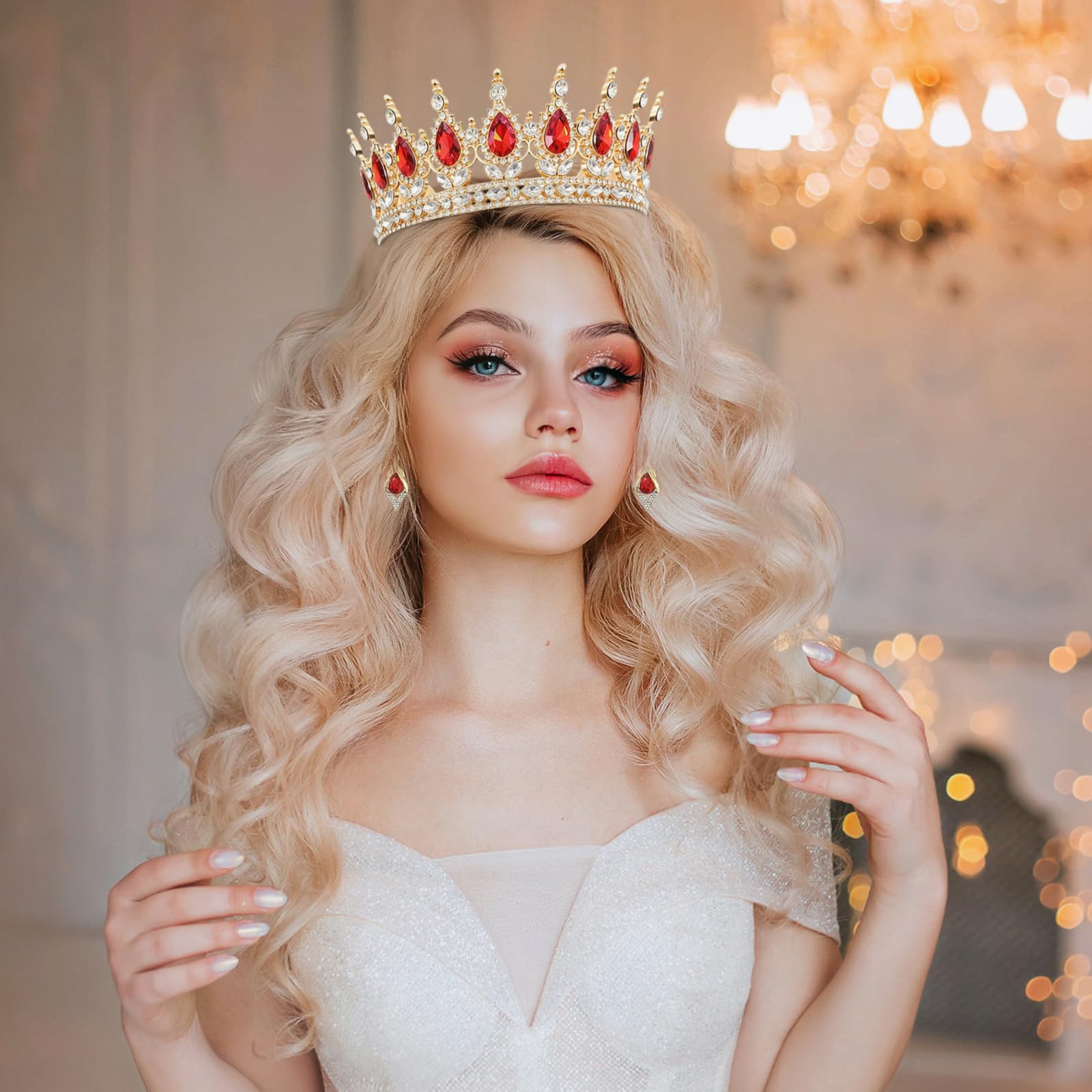 Złota korona dla kobiet, kolczyki z kryształkami, vintage barokowa tiara koronowa, imitacja błyszczącej kryształowej tiary dla dziewcząt i kobiet ślub przyjęcie urodzinowe