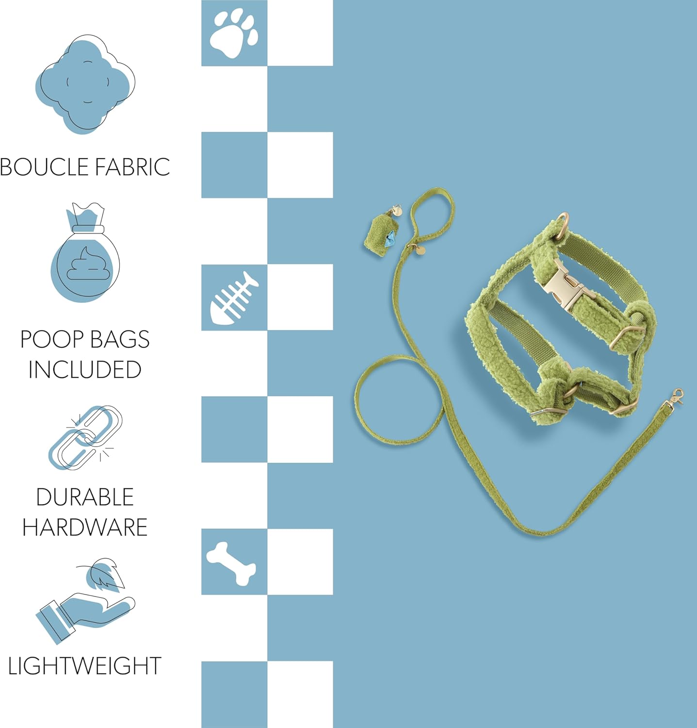 WLK1000B-4SET Teddy Extra Small Bouclé Adjustable H Harness and Leash Walk Set with Poop Bag Pouch, Citron