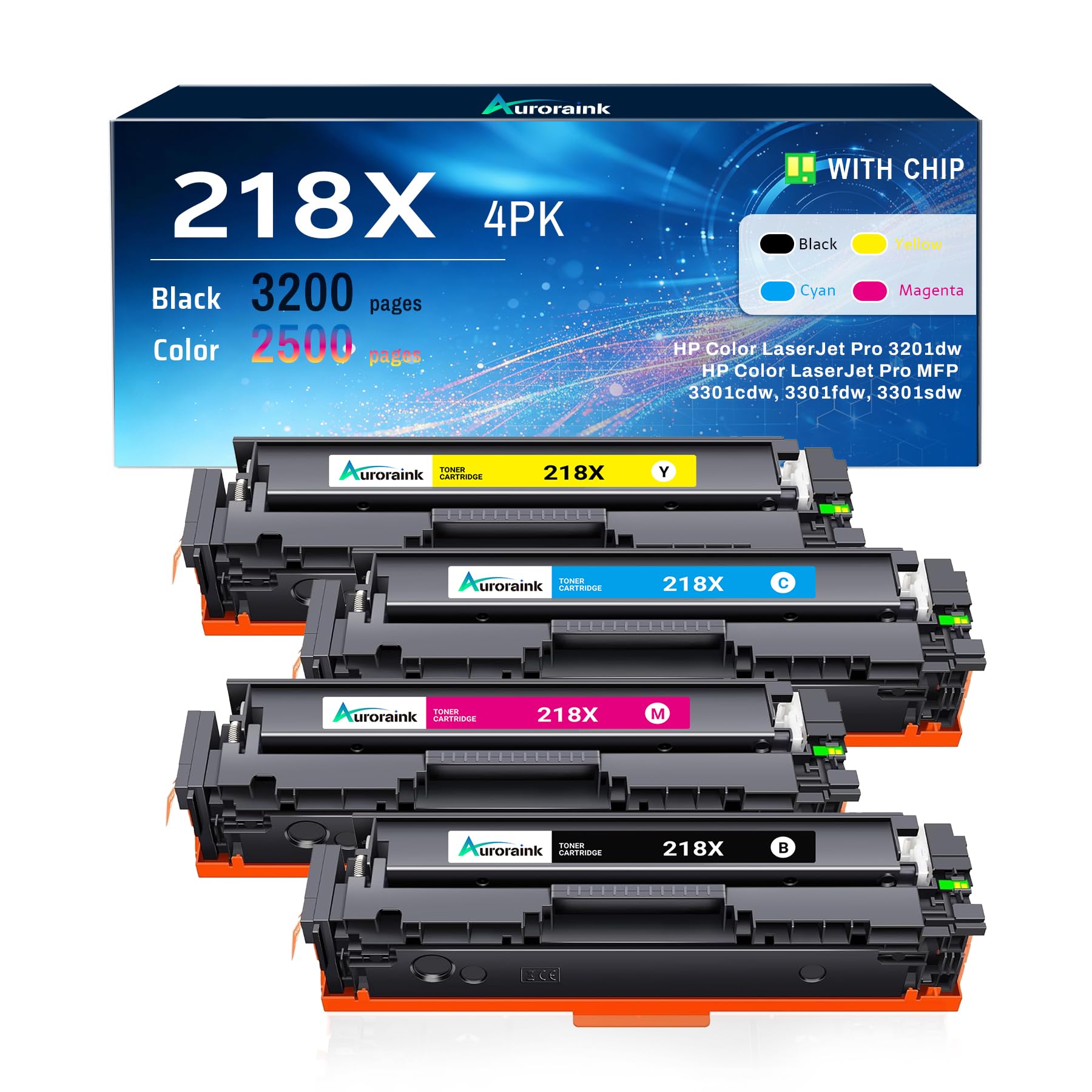 218X Toner Cartridges with Chip Replacement for HP 218A 218X Toner Cartridges for Color LaserJet Pro 3201dw MFP 3301fdw 3301cdw 3301sdw Printer High Yield (4 Pack, Black Cyan Yellow Magenta)
