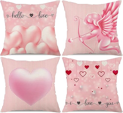 Juego de 4 fundas de almohada rosas para el día de San Valentín de 18 x 18 pulgadas, diseño de rayas rosadas, diseño de corazón de Cupido, Hello