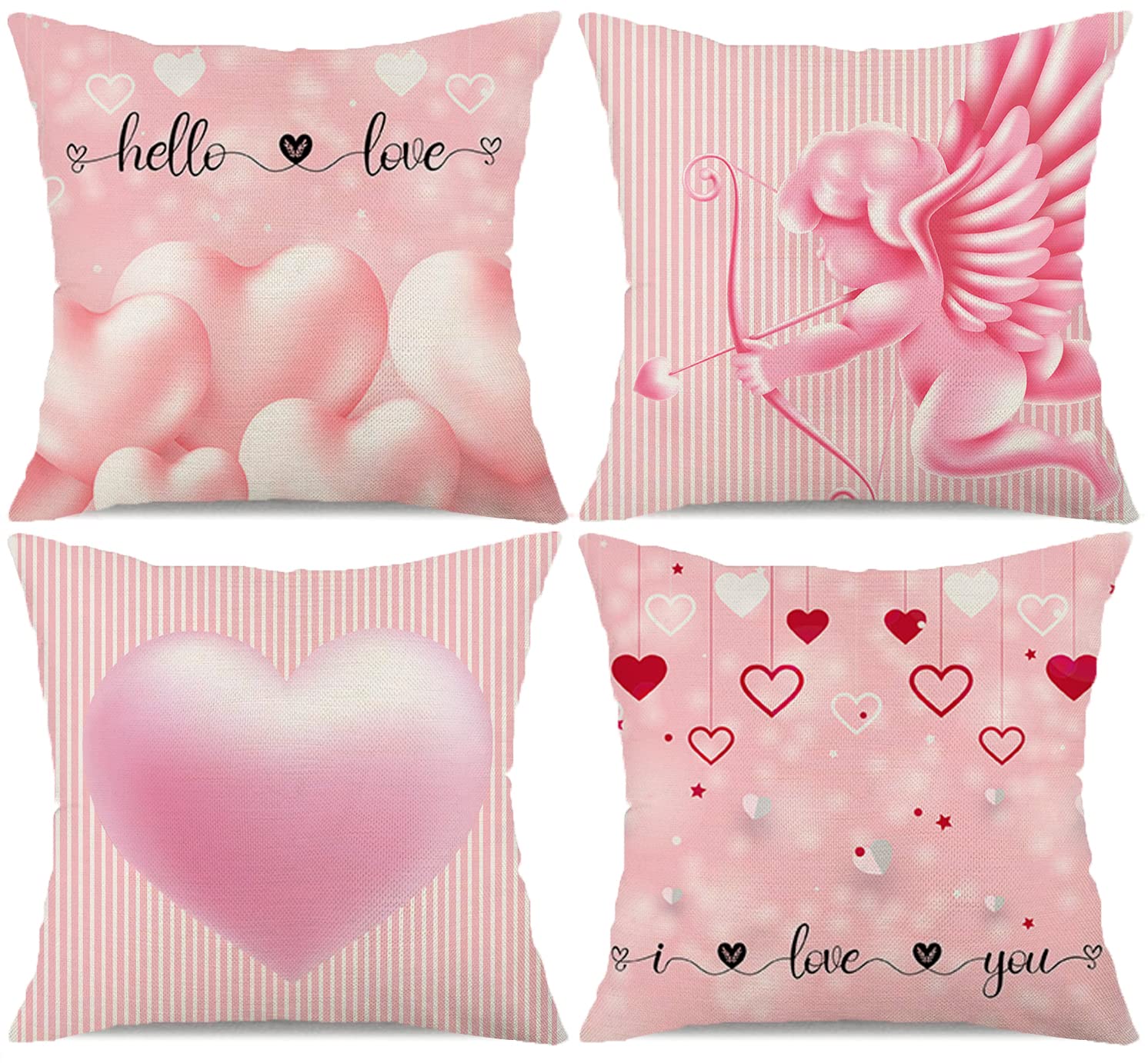 Pink Valentines Day Pillow Covers 18x18 Set of 4 Pink Stripes Cupid Love Heart Hello Love Pillows Decorative Throw Cushion Case for Sofa Couch Valentine Decorations