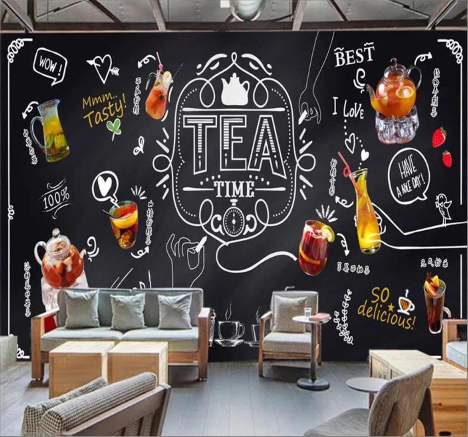 Tzxztt Hand Drawn Chalk Blackboard Fruit Tea Casual Bar Modern 3D Wallpaper Premium Textured Silk Neutral Tones Material Ideal for Living Room Bedroom-300cm×210cm