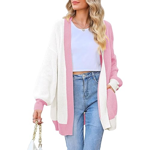 Pink Queen 2025 Fall Long Cardigans for Women Batwing Sleeve Open Front Ribbed Knit Oversized Cardigan Sweaters with Pockets