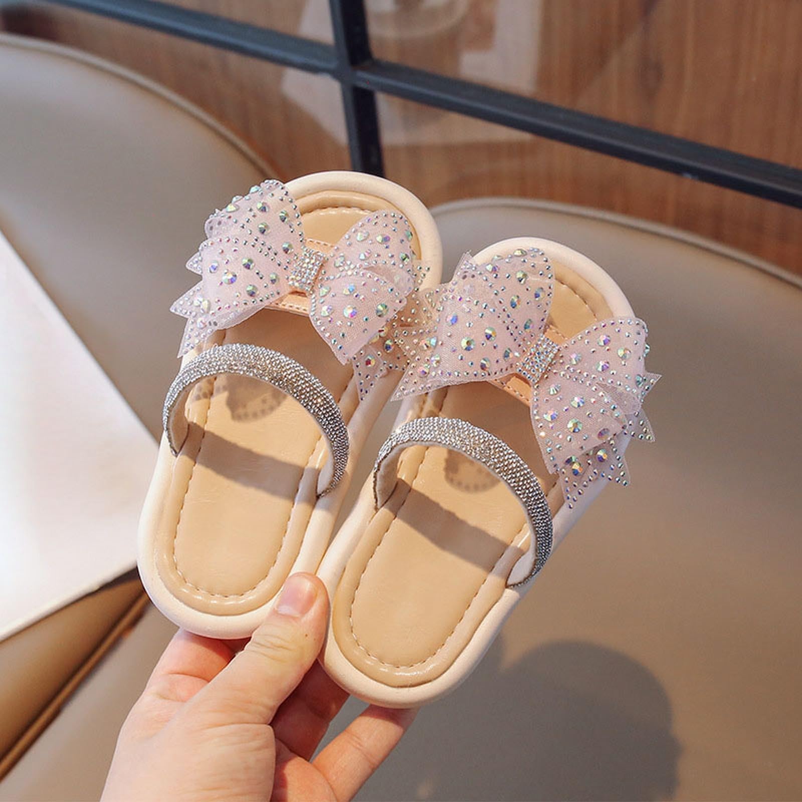 Girl's Slippers Cute Bow Slippers Cozy Open Toe Home Shoes Comfy Summer Indoor Outdoor Slip On Slippers Toddler Girls (Pink, 7.5 Toddler)