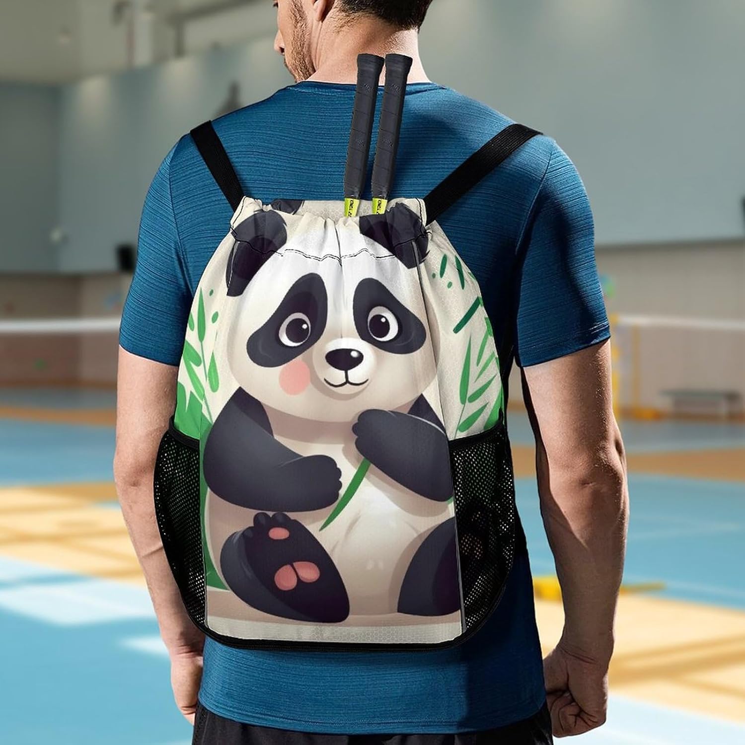 Small Gym Bag Panda Star Printed Drawstring Gym Bag for Men Lightweight Waterproof Drawstring Backpack for Women with Shoe Compartment for Travel Tourism Work And Fitness