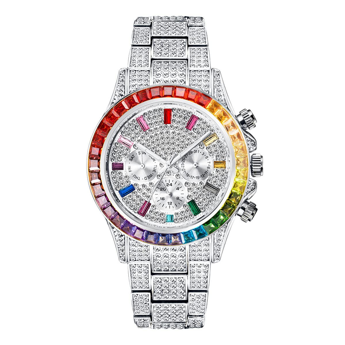 ICEDIAMOND Reloj de Pulsera de Cuarzo con Diamante de Laboratorio cúbico de 3 Ojos con Calendario mensual semanal y visualización de Zona horaria