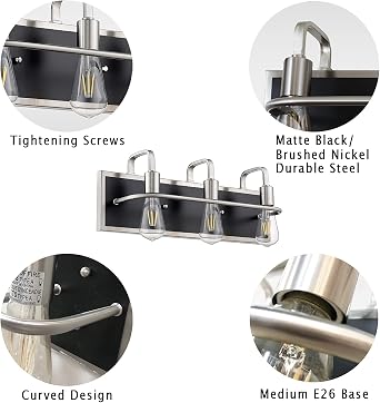 3 Light Bathroom Vanity Light Modern Bathroom Light Fixtures Brushed Nickel and Matte Black with Clear Glass for Bathroom Mirror Hallway Bedroom