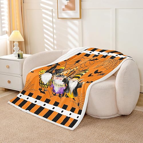 Miniatura 5 de Manfei Manta con temática de gnomos lindos de Halloween para decoración de habitación de niños y niños, manta de tela de araña negra, manta de
