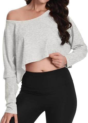 Womens Off Shoulder Long Sleeve T Shirt Boat Neck Loose Crop Tops Casual Oversized Workout Shirts