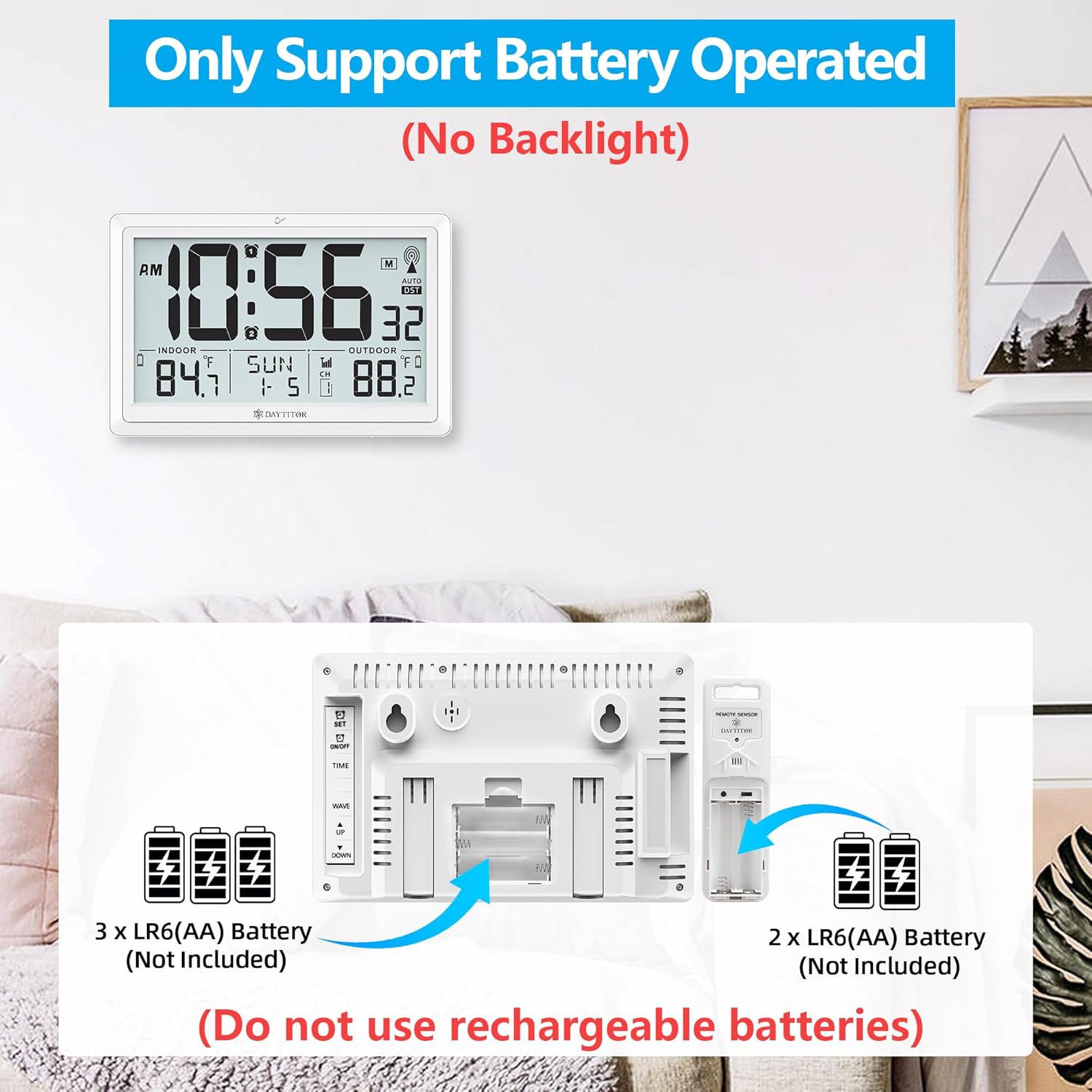 Atomic Clock Wall with Indoor/Outdoor Temp, Battery Operated Digital Wall Clock with 10.5" Large LCD Display, 330ft Range Desk Table Clock with Alarm, DST, Calendar for Living Room Bedroom, White