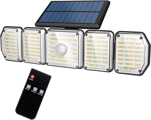KUJOBUY Luces solares con sensor de movimiento al aire libre, 214 luces LED de inundación con control remoto, luces de seguridad LED con 5 cabezales