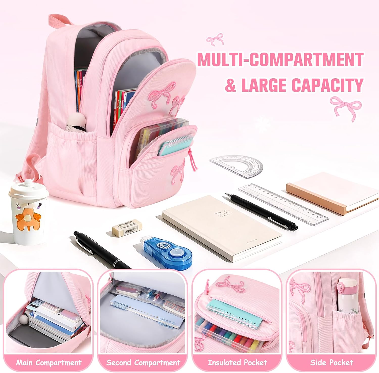 Corduroy Backpack for Girls,Kids 3D Embroidery Schoolbag with Tote Bag & Pencil Case,Coquette Bookback Bow Dayback for Teens Elementary Middle High School Student(Pink Bow)