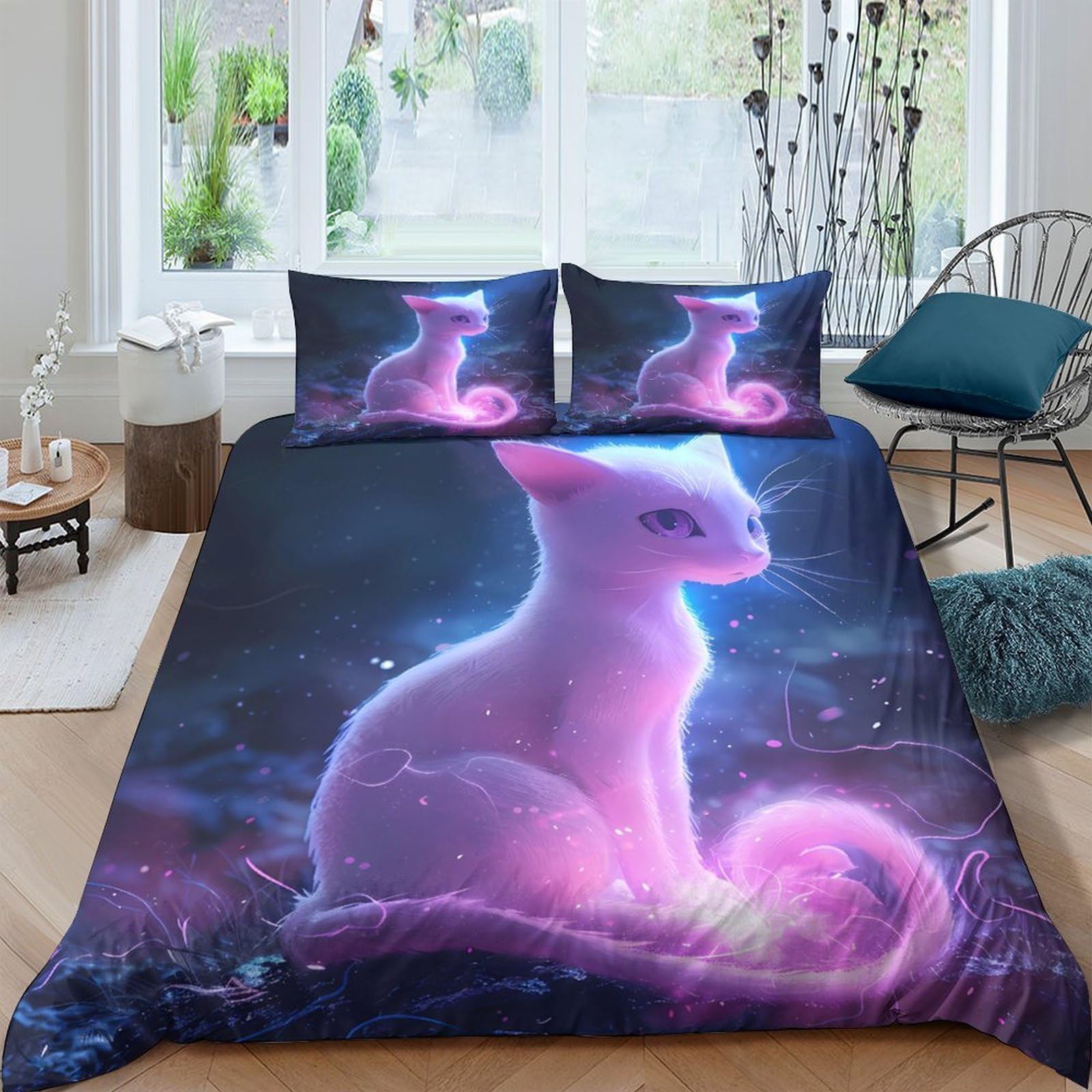 Ctjqhvkz Style-7 3D Printed Neon Fantasy Cat Fitted Sheet Microfiber Soft Breathable Cosmic Dream Mattress Cover For Bedroom Dorm Decor Single（135X200cm）