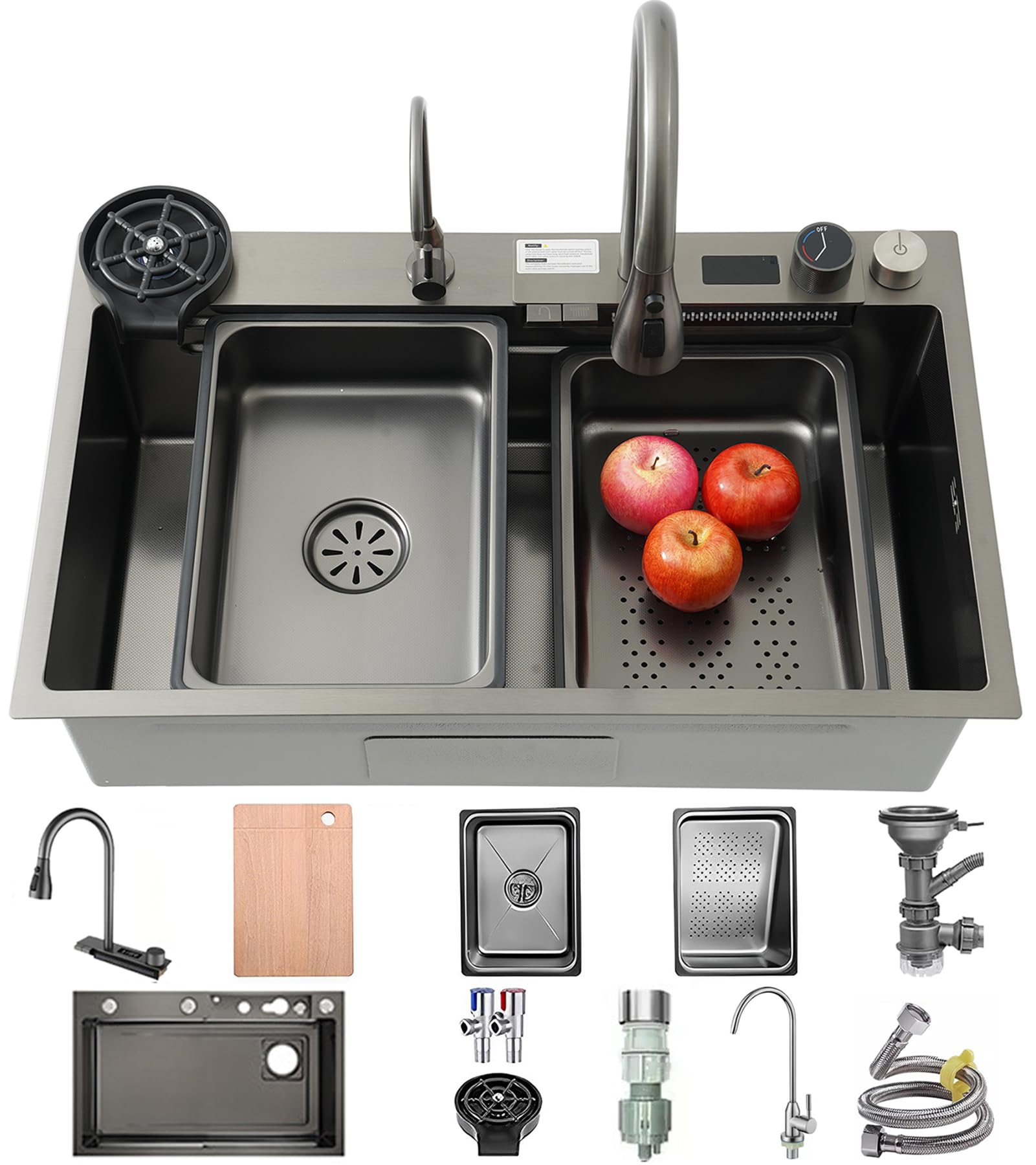 YADZISW Stainless Steel Kitchen Sink with Waterfall Design Large Single Basin Extendable Tap 2 Drip Baskets Chopping Board Soap Dispenser & Glass Rinse Stylish Functional