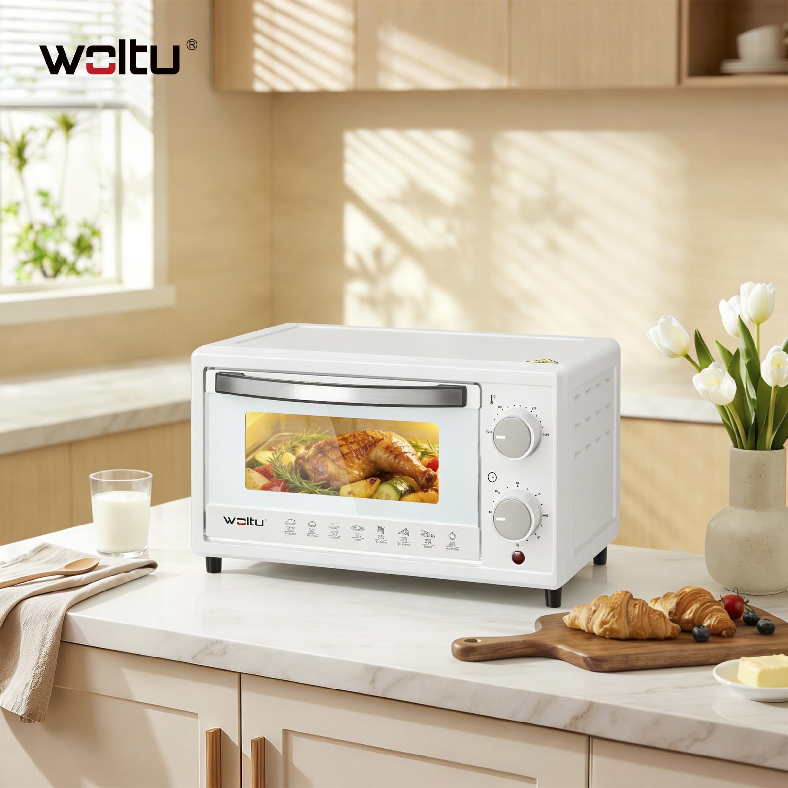 WOLTU Mini Horno Electrico 10 L, 800 W, Horno Pequeño Sobremesa, Mini Horno Tostador 100-230℃, Temporizador 0-60 Min, Blanco