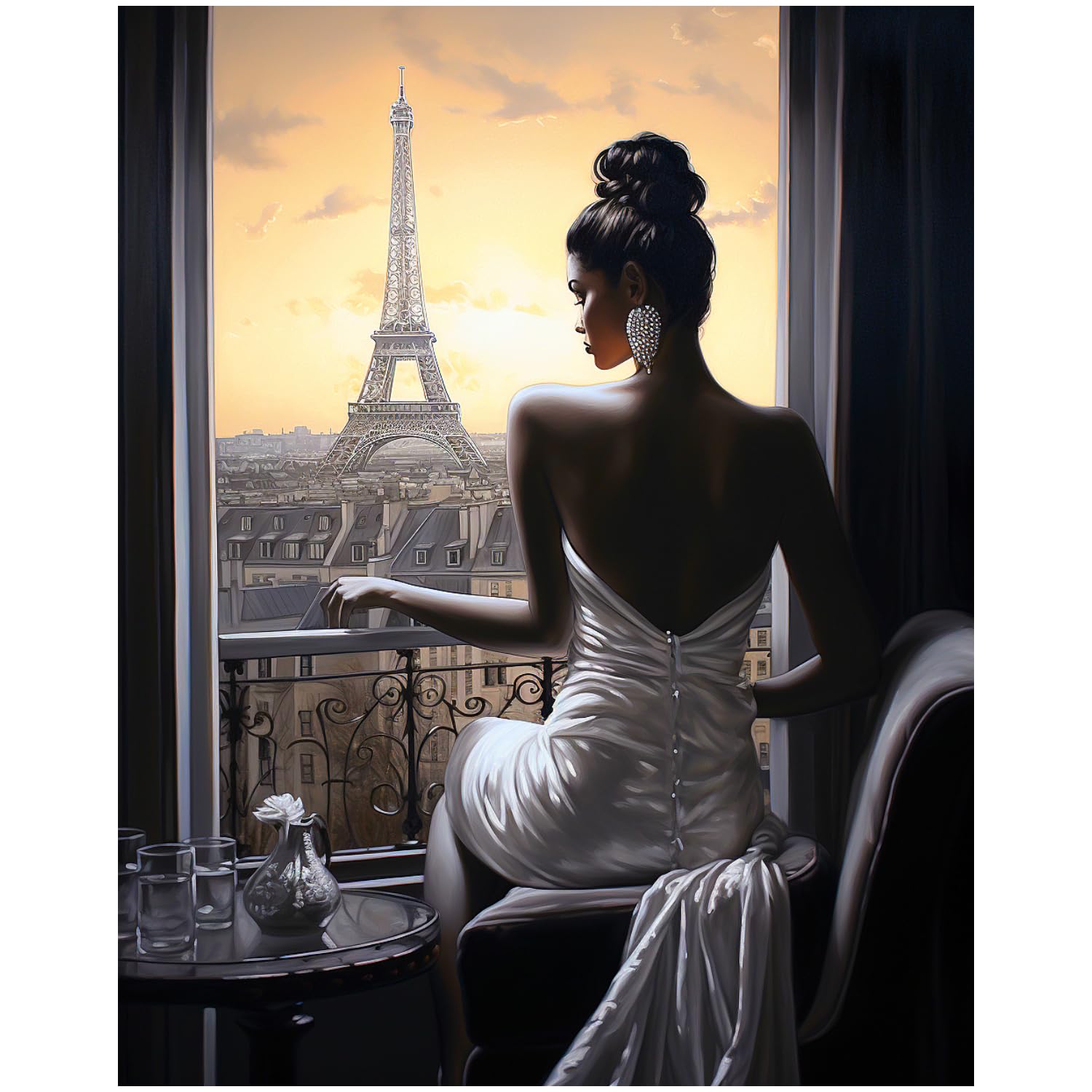 DIY 5D Full Drill American Native Sexy African Woman & Eiffel Tower Square Diamond Art Painting by Number Kits for Adults Crystal Rhinestone Cross Stitch for Wall Decoration Gift 30x40CM/12x16IN