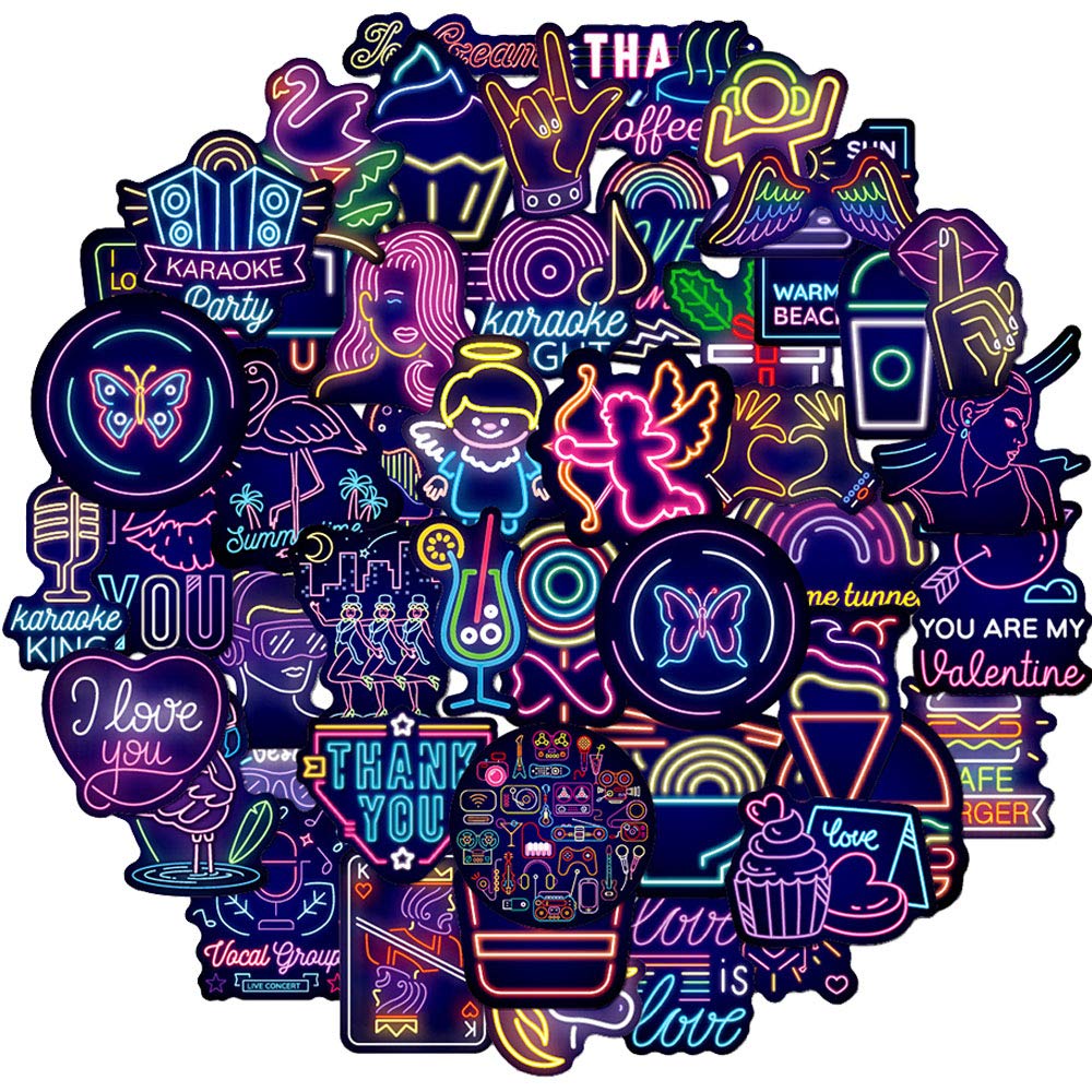 50 Pcs Neon Lights Aesthetic Stickers Purple Neon Lights Stickers for Laptop Skateboard Water Bottle Luggage Flask Computer Car Phone Trendy Cool Cartoon Stickers Pack